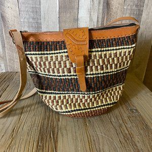 African Handcrafted Woven Leather Trim Basket